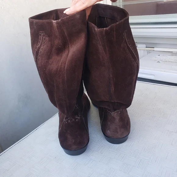 Vtg 80s brown Suede boho westernboots mid calf barrel shaft boots 9